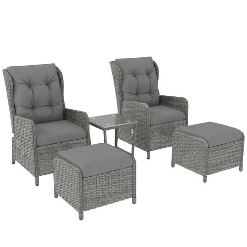 Image of Outsunny Recliner Rattan Garden Furniture w/ Two-tier Glass Top Table & Cushions, Light Grey Light Grey