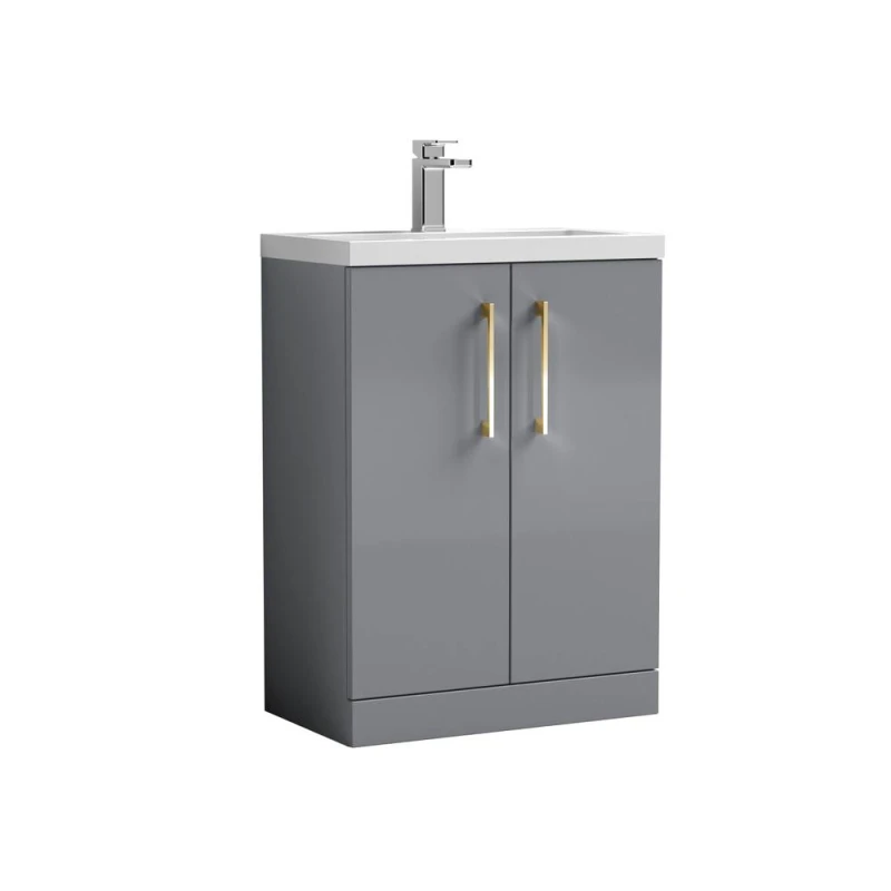 Image of Balterley Level Compact Bathroom Cloakroom Vanity Basin Unit With Ceramic Basin, Brushed Brass Handles, 600mm, Satin Grey