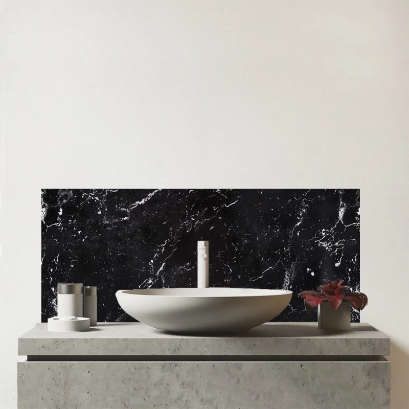 Image of Warren Reed - Designer Polished Black Quartz Effect Glass Bathroom Splashback in Gold Gold Unisex