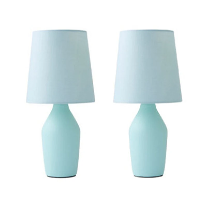 Image of ValueLights Arlo Pair of Compact Ceramic Table Lamps with Fabric Shades Blue