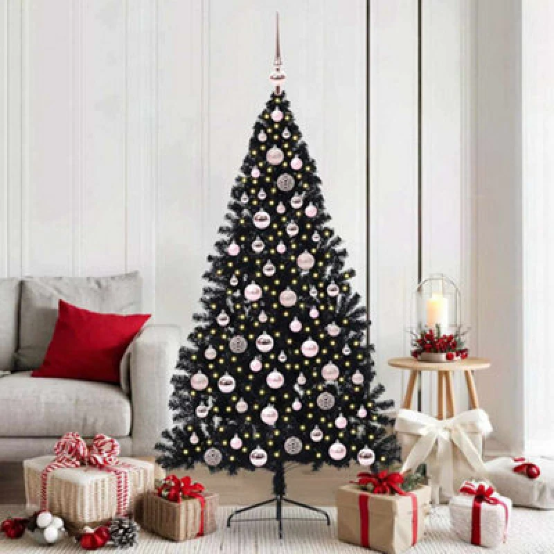 Image of vidaXL Artificial Pre-lit Christmas Tree with Pink Balls Black 180cm PVC, Black 3397143