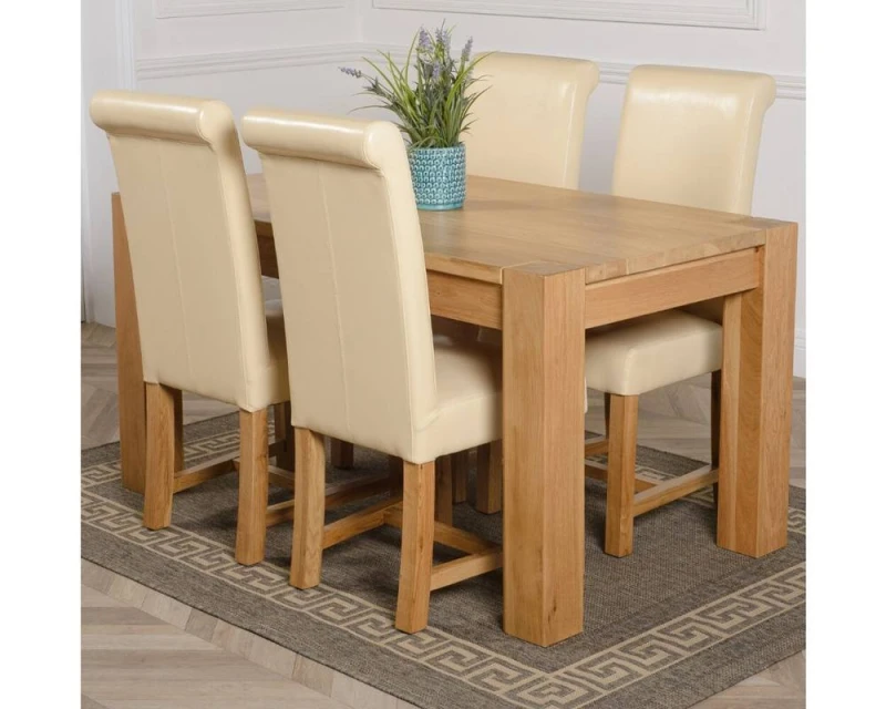 Image of Thats Furniture Kuba 150 x 85cm Medium Oak Dining Table & 4 Washington Leather Chairs in Cream Cream Unisex 150 x 85 cm