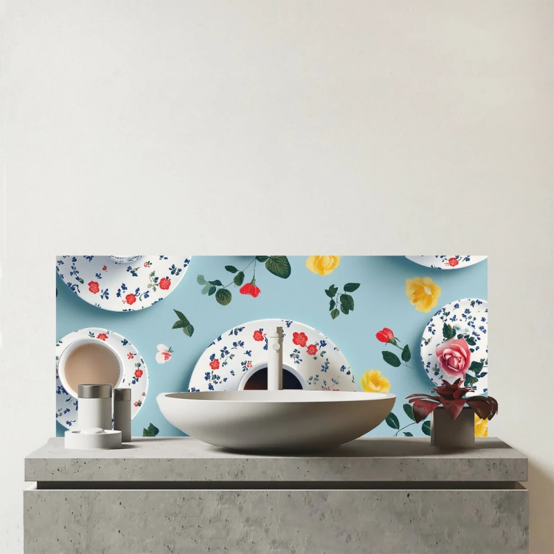 Image of Warren Reed - Designer Tea Cups & Roses Glass Bathroom Splashback Multicolor Unisex