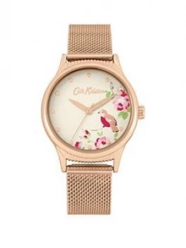 Image of Cath Kidston Cat Kidston Little Birds Print Gold Detail Dial Gold Stainless Steel Mesh Strap Ladies Watch