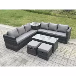 Image of Fimous 6 Seater Outdoor Dark Grey Mixed Rattan Lounge Complete Sofa Set with Oblong Rectangular Coffee Table and 2 Stools