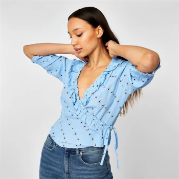 Image of Jack Wills Brighton Print Frill Wrap Top - Pale Blue