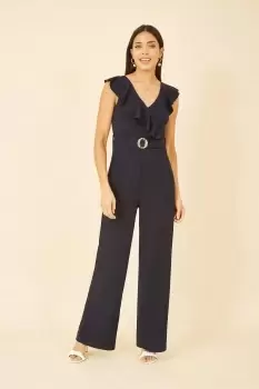 Image of Navy Jumpsuit With Gold Buckle and Frill Detail