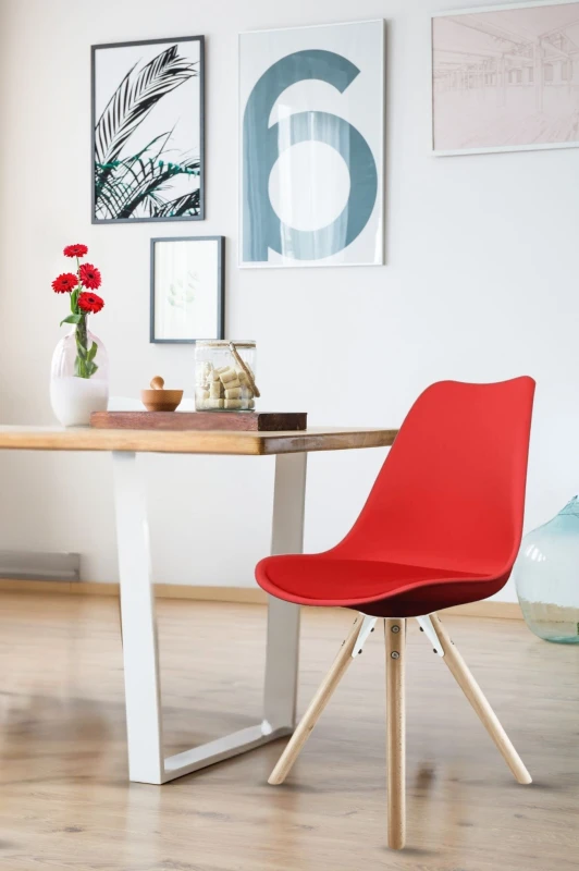 Image of Fusion Living Soho Plastic Dining Chair with Pyramid Light Wood Legs Red