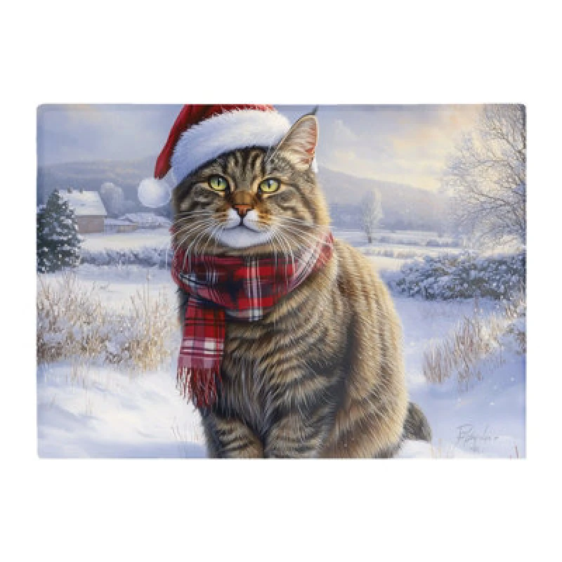 Image of Warren Reed Designer Christmas Tabby Cat Glass Chopping Board