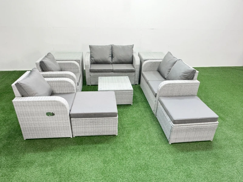 Image of Fimous 8 Seater Outdoor Reclining Chair Love Sofa Set Rattan Garden Furniture Set with Square Coffee Table 2 Big FootStools 2 Side Table Light Grey L