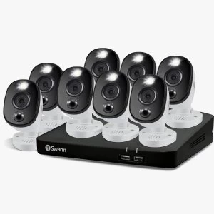 Image of Swann CCTV System - 8 Channel 1080p DVR with 8 x 1080p Warning Light Bullet Cameras & 1TB HDD - works with Google Assist
