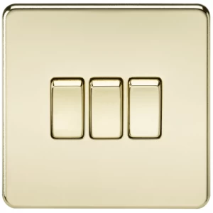 Image of KnightsBridge 10A 3G 2 Way 230V Screwless Polished Brass Electric Wall Plate Switch