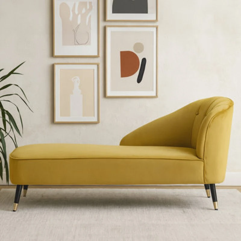 Image of Orsina Mustard Velvet Chaise Lounge, Chaise Lounge Sofa For Home, Right Arm Chaise Sofa
