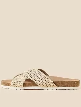 Image of Accessorize Raffia Cross Strap Footbed Sliders - Beige, Beige, Size 38, Women