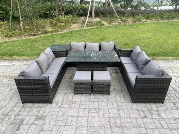 Image of Fimous 9 Seater Outdoor Dark Grey Rattan Lounge Complete Sofa Set with Adjustable Side Tables and 2 Stools
