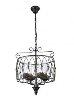 Image of Caged Ceiling Pendant 4 Light E27 Black, Gold with Clear Glass