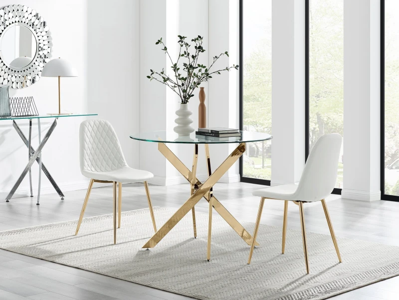 Image of FurnitureboxUK FurnitureboxUK Novara 100cm Round Gold Leg Dining Table & 2 Corona Gold Chairs in White White One Size Unisex 5056784304679