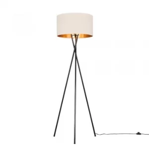 Image of Camden Black Tripod Floor Lamp with XL Fawn and Gold Reni Shade