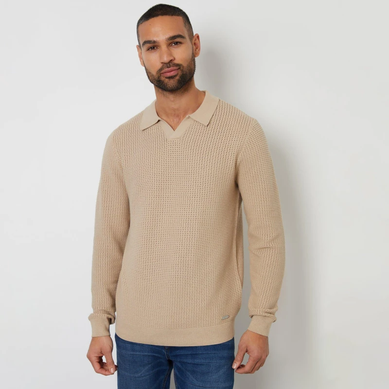 Image of Threadbare Textured Knitted Trophy Neck Long Sleeve Polo Brown male S
