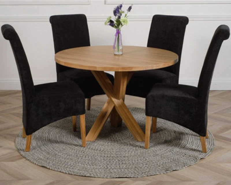 Image of Thats Furniture Oregon Round Oak Dining Table & 4 Montana Fabric Chairs in Black Unisex