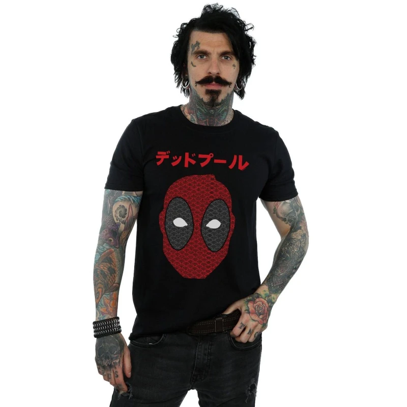 Image of Marvel Marvel Men Deadpool Seigaiha Head T-Shirt in Black Size: Small Black S Male 5059308622556