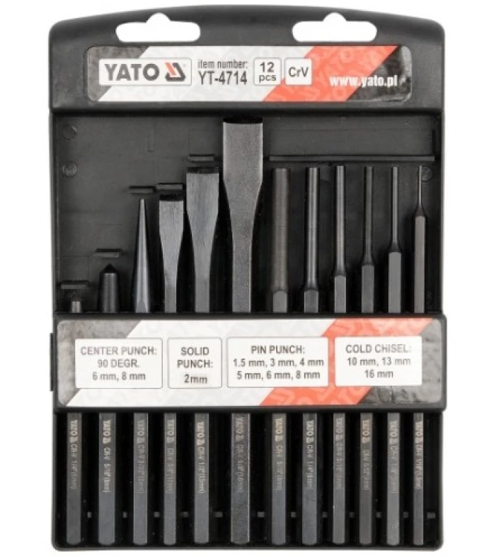 Image of YATO YT-4714 Chisel + Drift Set Number of tools: 12, Chrome Vanadium Steel, Length: 100,120,140,150mm Chrome Vanadium Steel Chisel + Drift Set (6759)