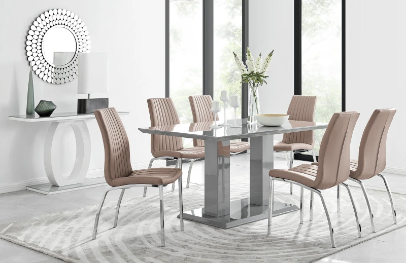Image of FurnitureboxUK FurnitureboxUK Imperia 6 Grey Dining Table and 6 Isco Chairs in Beige Beige One Size Unisex 5056542640674