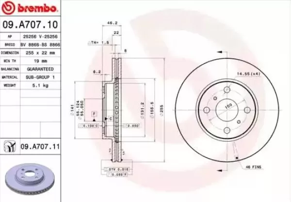 Image of BREMBO Brake disc TOYOTA 09.A707.11 435120D090,4351252120,435120D220 Brake rotor,Brake discs,Brake rotors 435120D130,435120D230