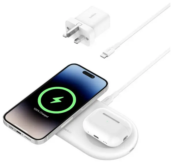 Image of Belkin 2-in-1 Qi2 15W Magnetic Wireless Charging Pad - White