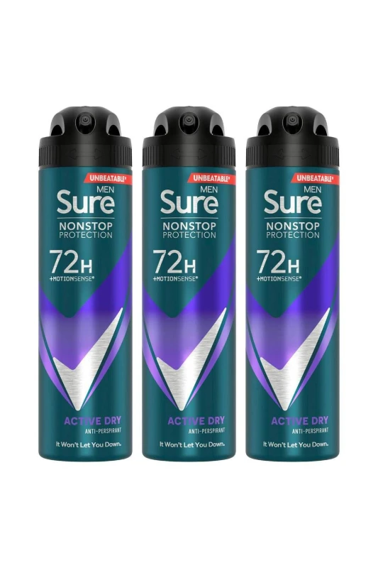 Image of Sure Men Protection 72H 'Anti-Perspirant Deodorant' Active Dry, 3x150ml White male