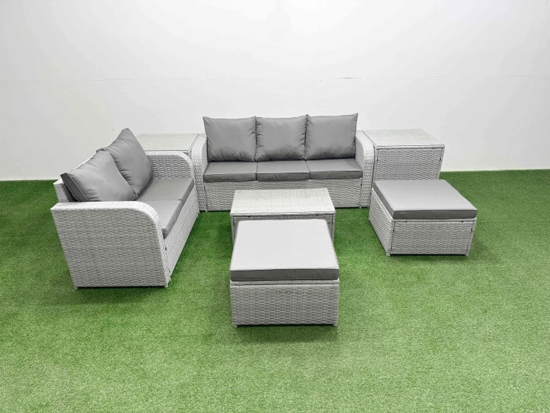Image of Fimous 7 Seater PE Rattan Wicker Garden Furniture Patio Conservatory Sofa Set with Rectangular Coffee Table 3 Seater Sofa Love Sofa 2 Big Footstool 2