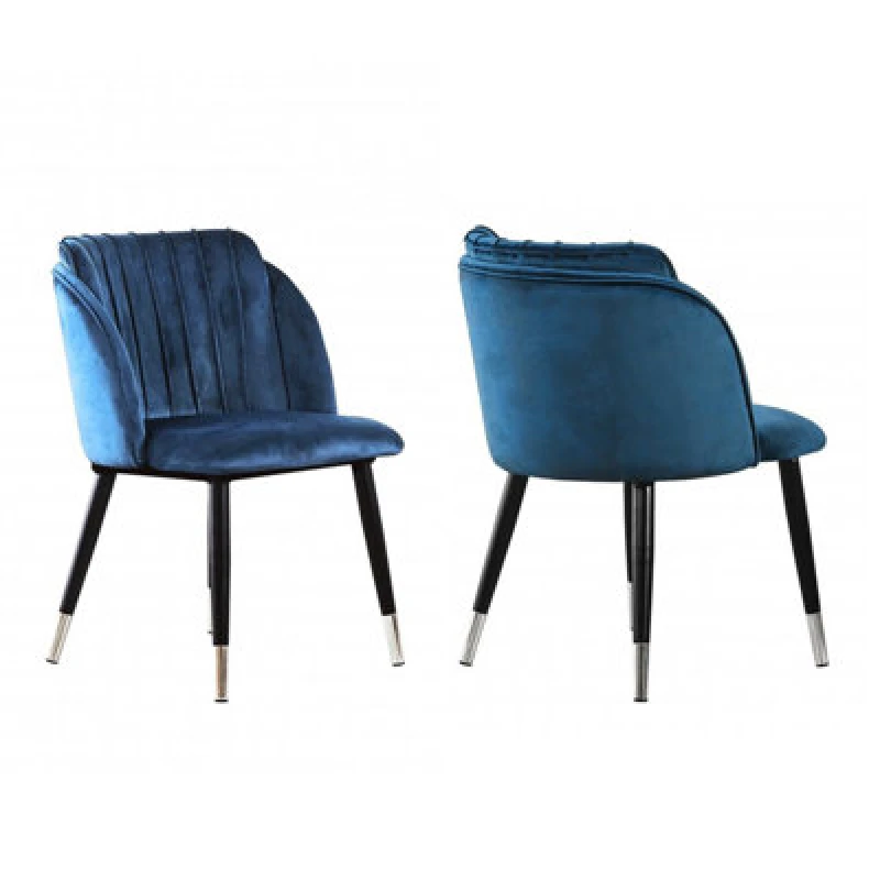 Image of Life Interiors Set of 2 Milano Velvet Dining Chairs with Stylish Ribbed Back Design, Black Metal Legs with Silver Tips in Blue Blue Unisex