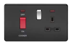 Image of KnightsBridge 45A 2G DP 230V Screwless Matt Black Electric Switch With Neon and Socket