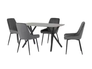 Image of Seconique Athens Concrete Effect Dining Table with 4 Avery Grey Velvet Chairs