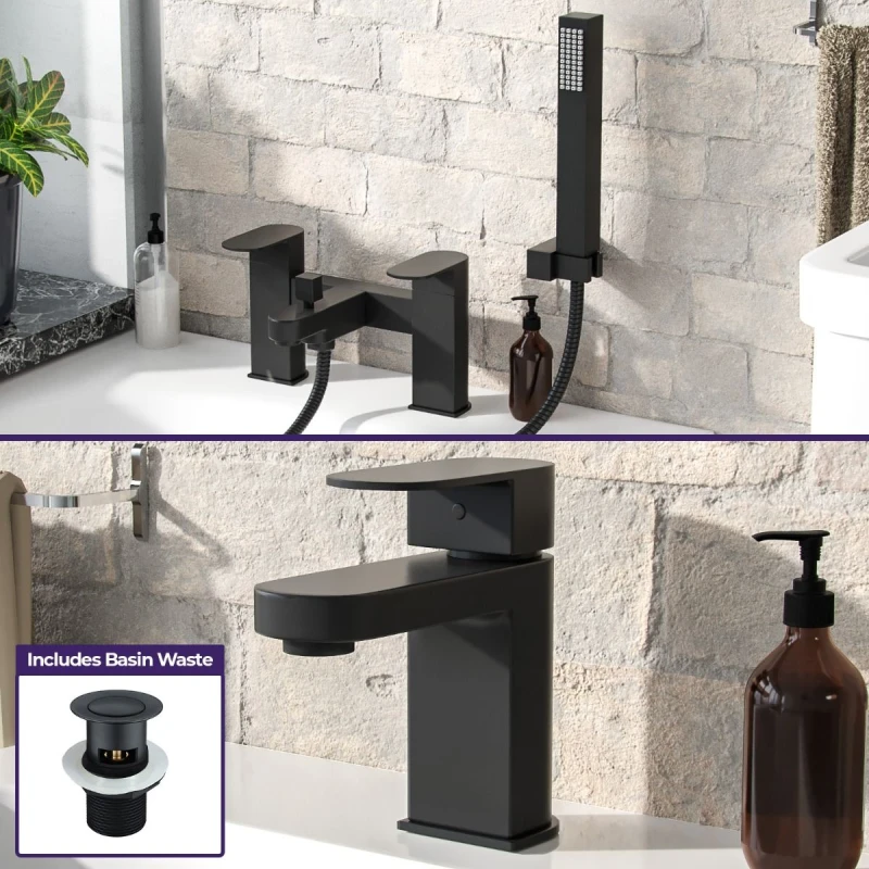 Image of Nes Home Mono Basin Mixer, Bath Shower Mixer & Handset kit & Waste in Black Unisex
