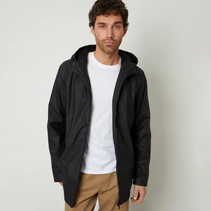 Image of Threadbare Microfleece Lined Hooded Rubberised Raincoat - Black L
