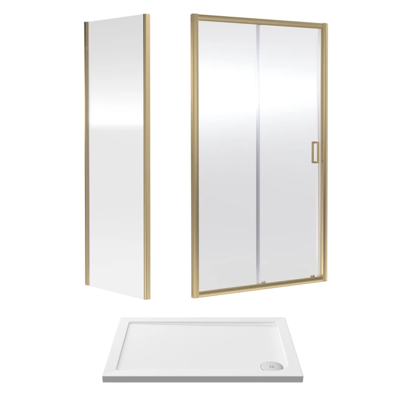 Image of Balterley Sliding Shower Door, Side Panel and Tray 1000x700x1900mm Brushed Brass White