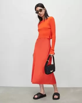 Image of AllSaints Womens Hera 2-In-1 Dress, Flame RED, Size: S