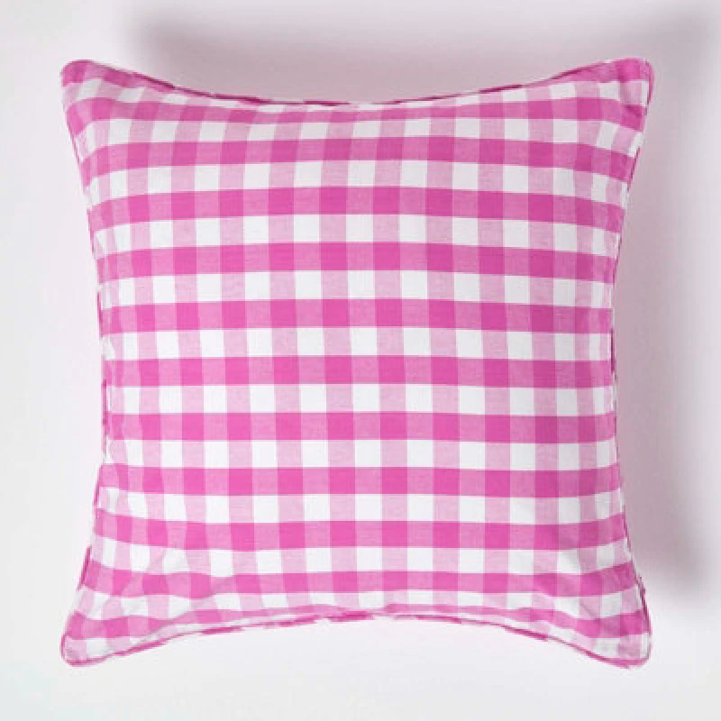 Image of Homescapes Pink Block Check Cotton Gingham Cushion Cover, 60 X 60 Cm