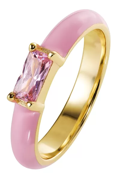 Image of Gold Plated Cubic Zirconia Pink Enamel Stacker Ring