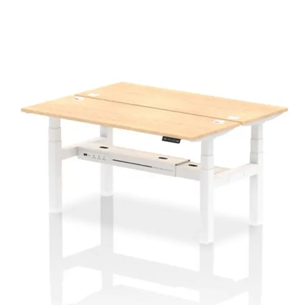 Image of Air Air Back-to-Back 1600 x 600mm Height Adjustable 2 Person Bench Desk Maple Top with Cable Ports White Frame HASCP2P16600MPEW