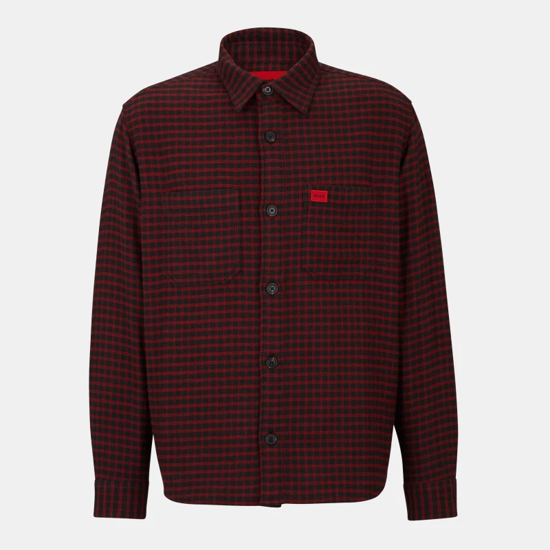 Image of Hugo Mens Oversized Checked Flannel Cotton Long Sleeve Overshirt Open Pink 693 male S