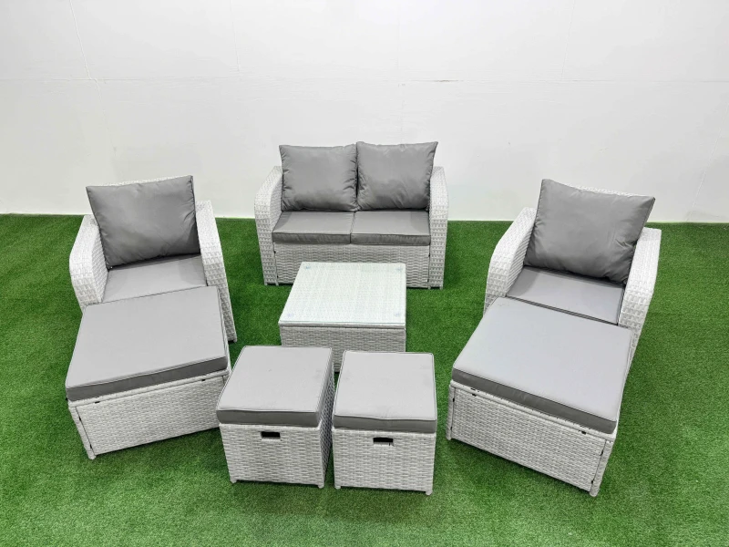 Image of Fimous PE Rattan Love Sofa Reclining Chair Set with 4 Footstools Light Grey Light Grey Unisex