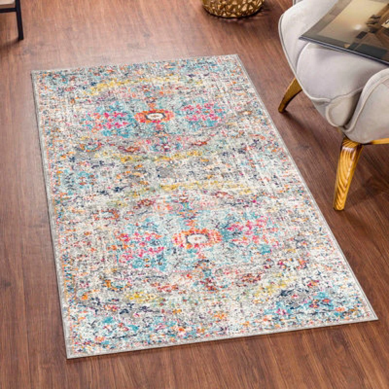 Image of Livabliss Vintage Oriental Boho Teal/beige Lou Area Rug 80 X 150 Cm - Easy Care, Non Shedding, Ideal For Living Room & Bedroom