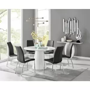 Image of Furniturebox Palma White High Gloss 6 Seat Minimalist Post Modern Round Dining Table & 6 Black Isco Faux Leather Chairs