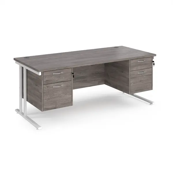 Image of Maestro 25 straight desk 1800mm x 800mm with two x 2 drawer pedestals - white cantilever leg frame, grey oak top