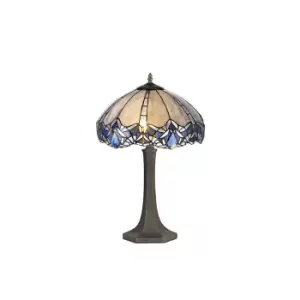 Image of 2 Light Octagonal Table Lamp E27 With 40cm Tiffany Shade, Blue, Clear Crystal, Aged Antique Brass