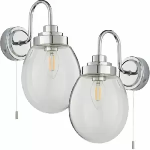 Image of 2 pack IP44 Bathroom Wall Light Chrome & Round Clear Glass Curved Arm Oval Lamp