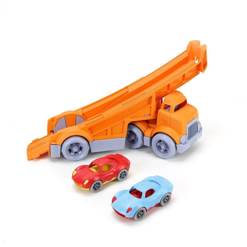 Image of Green Toys Racing Truck with 2 Racing Cars Toy Orange unisex