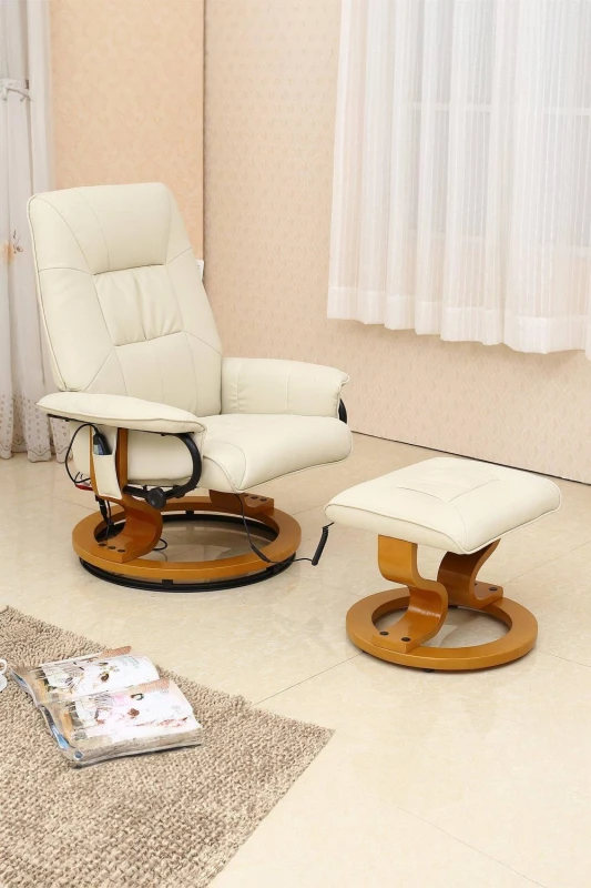 Image of More4Homes Tuscany Bonded Leather Swivel Recliner Massage Chair w Footstool Cream